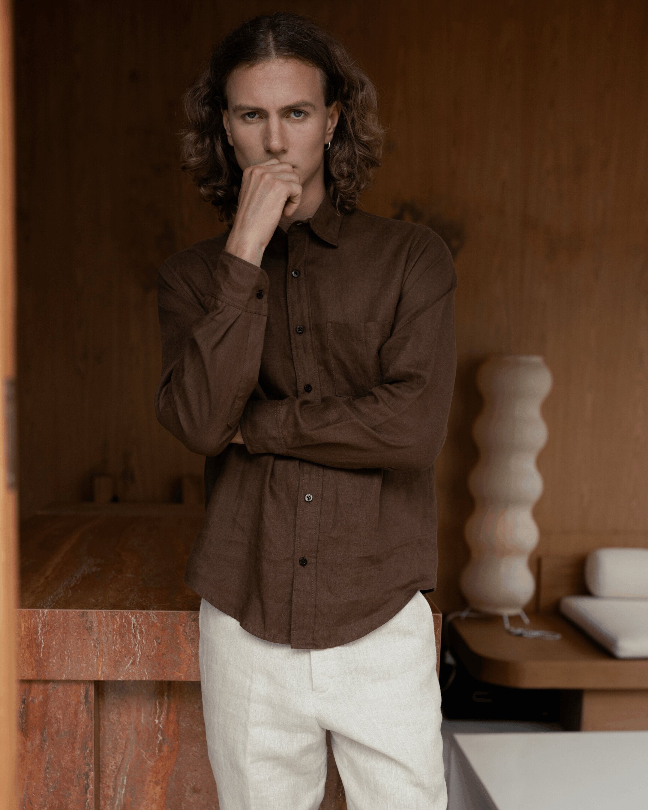 Regular Fit Linen Brown Shirt