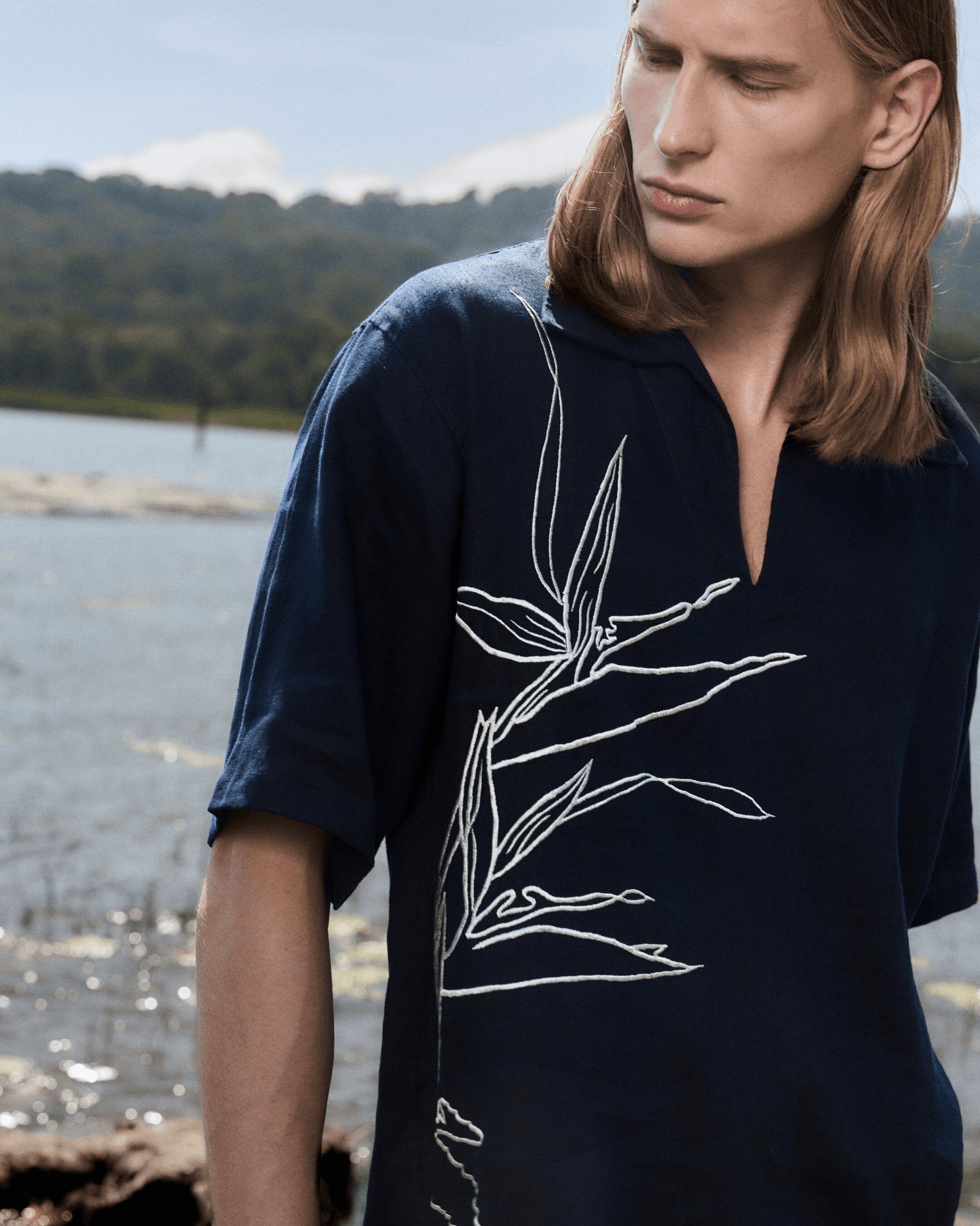 Linen Shirt Embroidery Navy