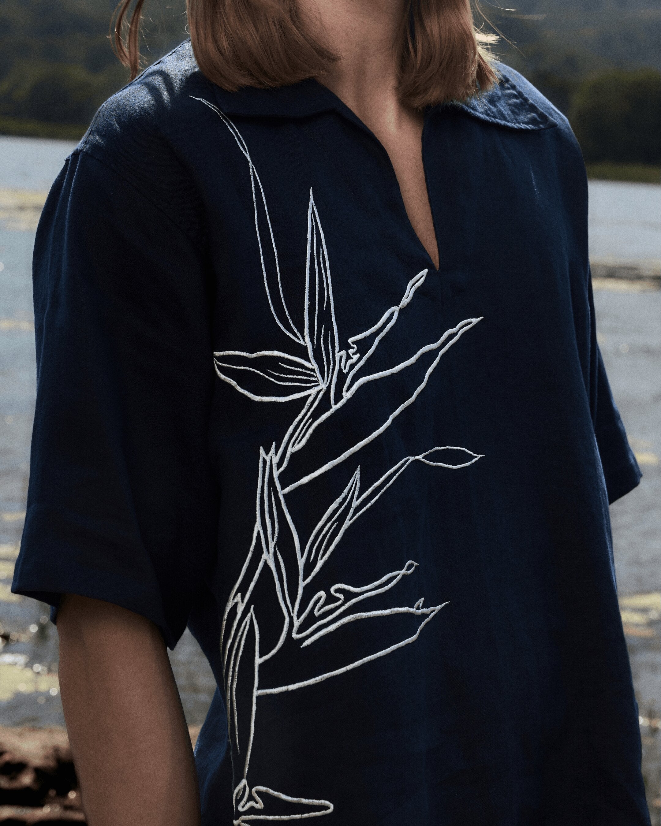 Linen Shirt Embroidery Navy