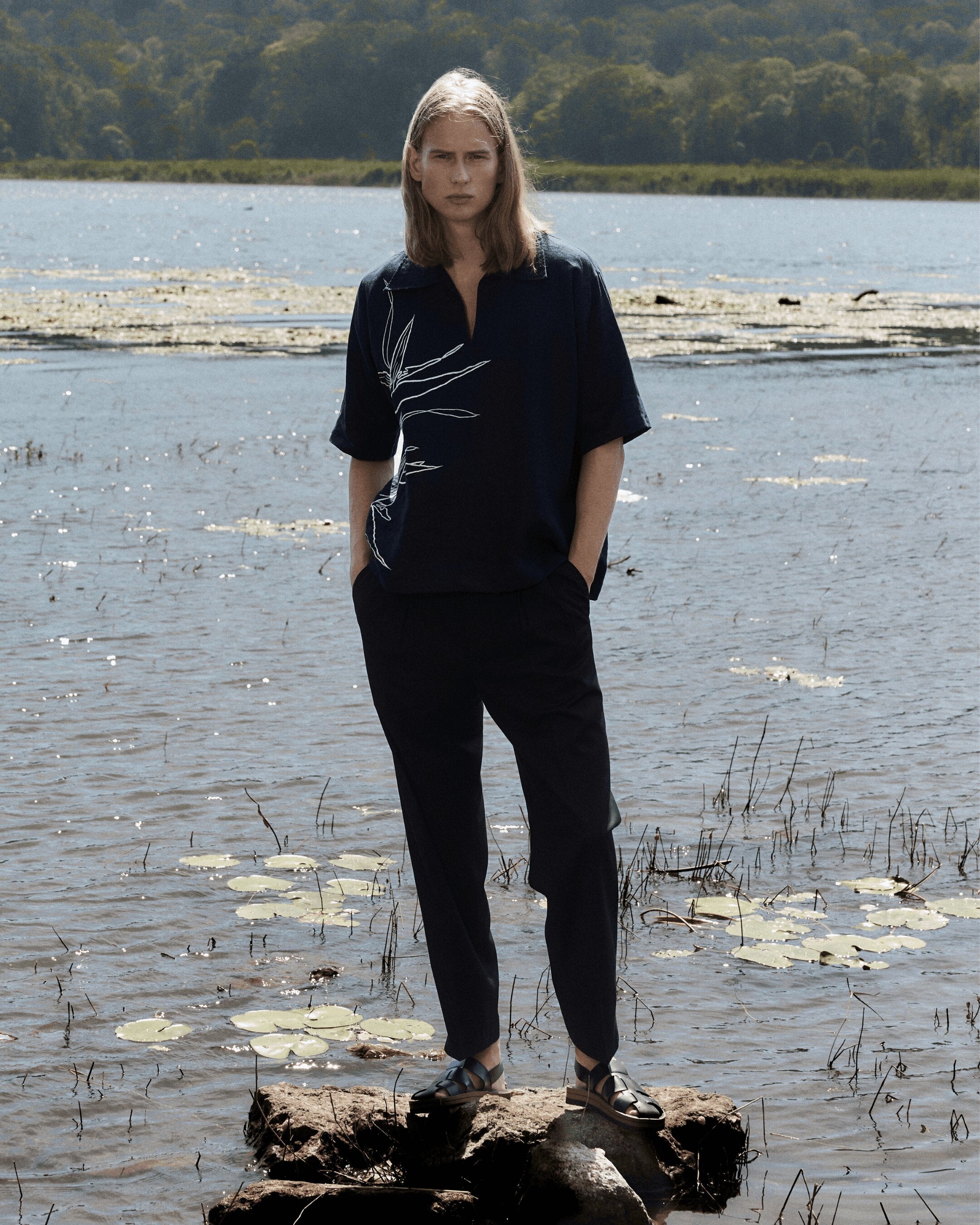 Linen Shirt Embroidery Navy